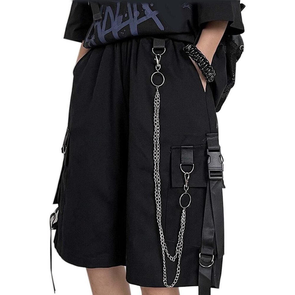Black Cargo Pants Women Loose Wide-Leg With Chains Street Harajuku